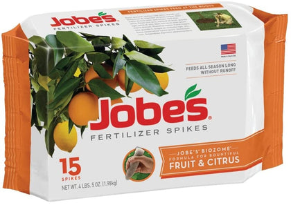 Jobe's Organics 01612 box displaying 15-pack tree spikes for easy identification and storage