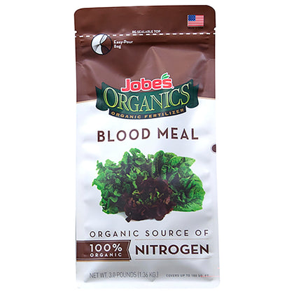 Jobe's Organics blood meal granular bag boosts nitrogen for leafy greens.