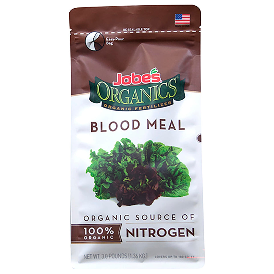 Jobe's Organics blood meal granular bag boosts nitrogen for leafy greens.