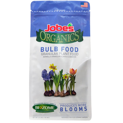 Jobe’s Organics bulb fertilizer granules in a 4 lb bag ready for garden use.