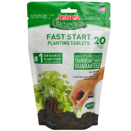 Jobes Organics Fast Start tablet feeding roots in a 6-inch pot for healthy transplants.