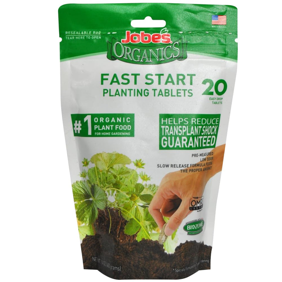 Jobes Organics Fast Start tablet feeding roots in a 6-inch pot for healthy transplants.