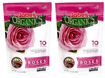 Jobe's Organics Rose Fertilizer Spikes packaging showing convenient root feeding for roses