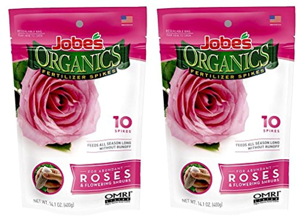 Jobe's Organics Rose Fertilizer Spikes packaging showing convenient root feeding for roses