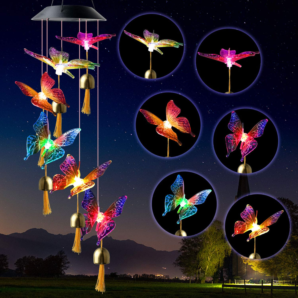 JOBOSI butterfly solar wind chimes glow in garden at dusk with color-changing butterflies.