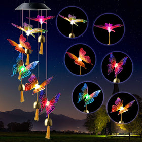 JOBOSI butterfly solar wind chimes glow in garden at dusk with color-changing butterflies.