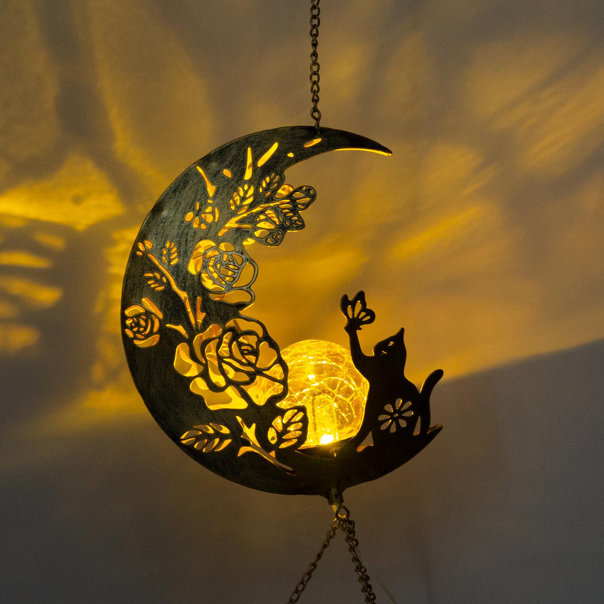 JOBOSI solar lantern wind chime blends moonlight with a cat silhouette.