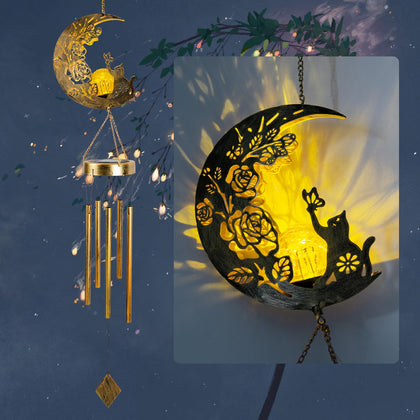 JOBOSI Cat Moon Wind Chime glows softly at night in outdoor spaces.