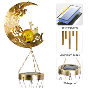 JOBOSI solar wind chime with moon-cat motif lights evenings.
