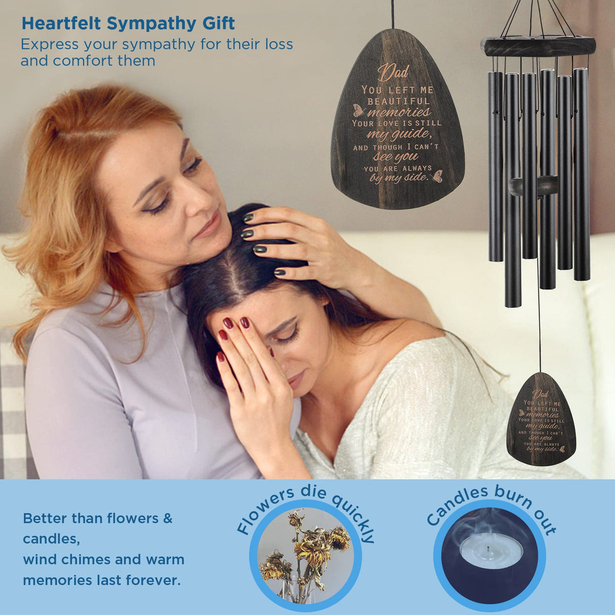 JOBOSI sympathy card accompanies wind chimes for heartfelt remembrance.