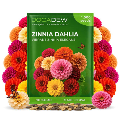 JOCADEW Double Dahlia Zinnia seeds packet showing vibrant colors for beds