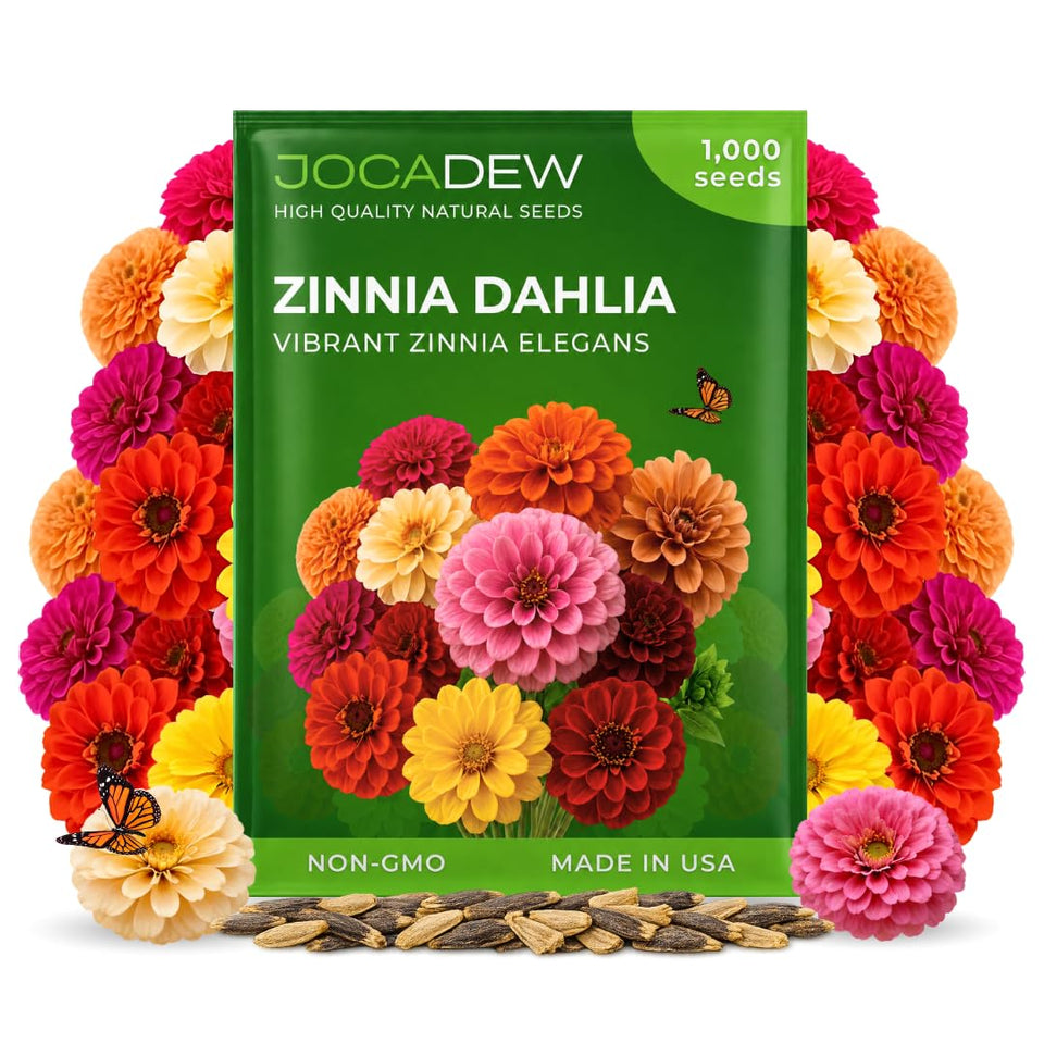 JOCADEW Double Dahlia Zinnia seeds packet showing vibrant colors for beds