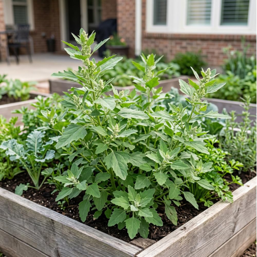 JOCADEW lambs quarters plant growth shows tall, resilient specimen in raised beds.