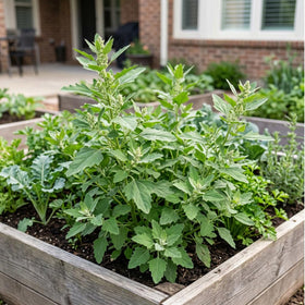 JOCADEW lambs quarters plant growth shows tall, resilient specimen in raised beds.