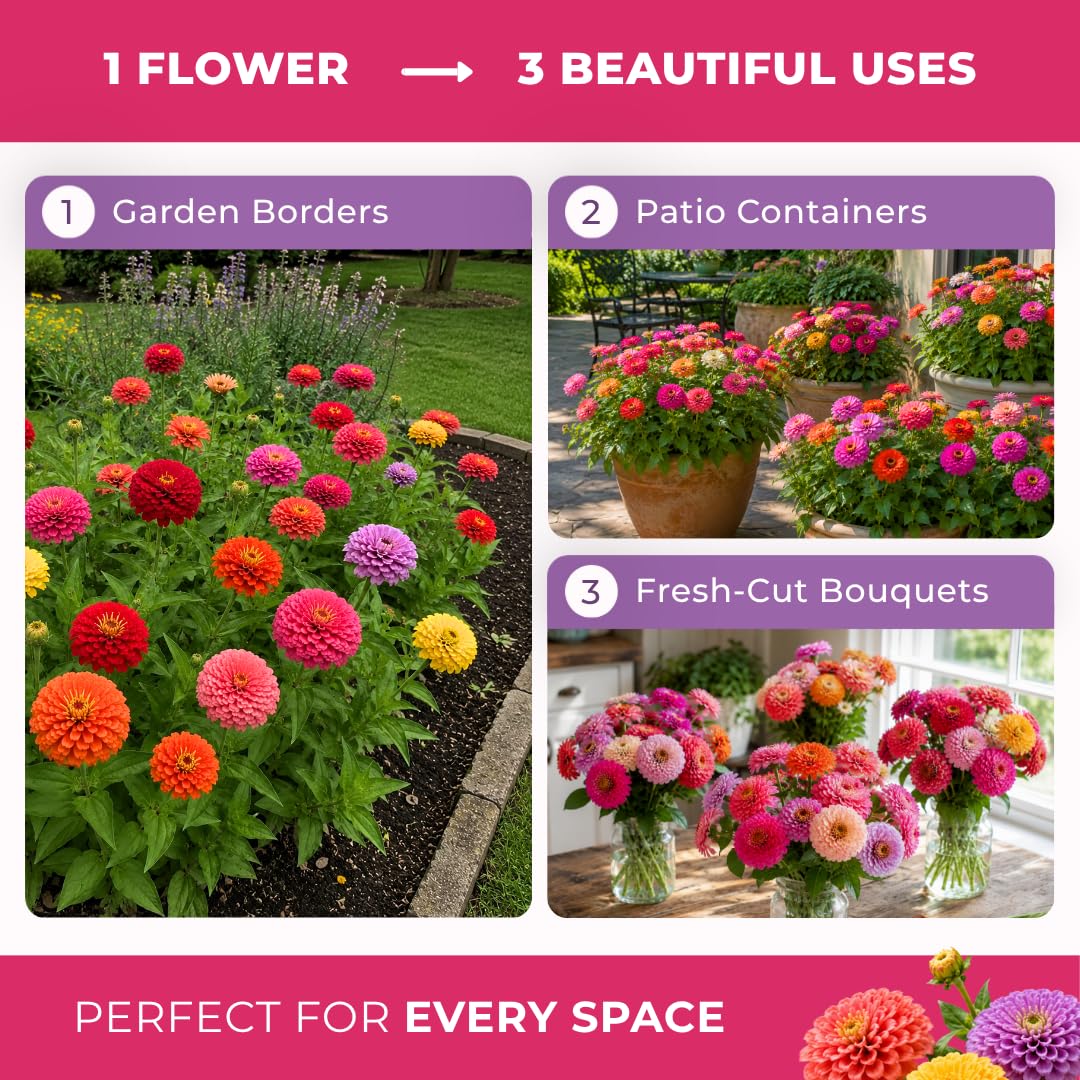 JOCADEW zinnias reaching 30–40 inches add vertical interest to borders