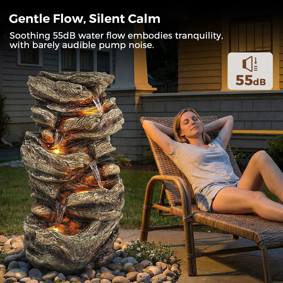 Jocoevol resin-finish fountain withstands weather and rust for lasting outdoor decor