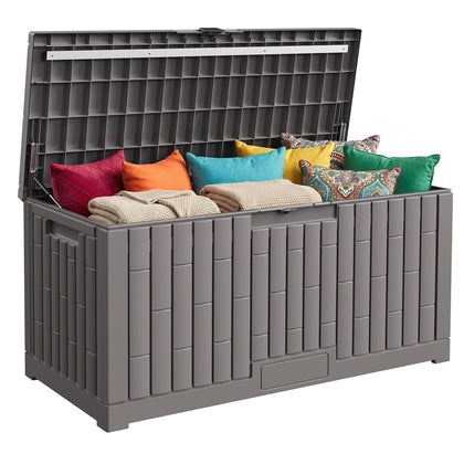 Jocoevol 120-gallon deck box storing cushions outdoors for dryness