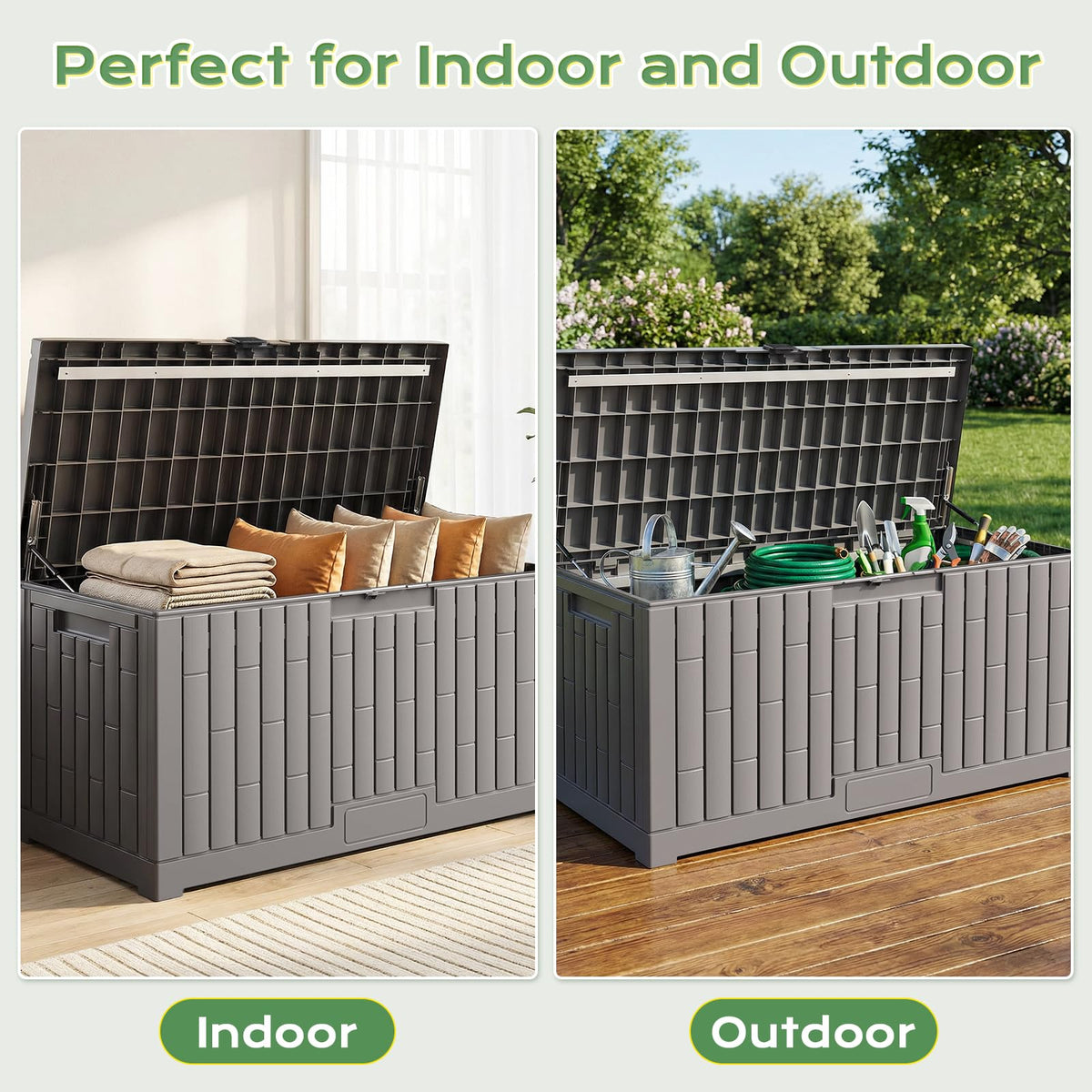 Jocoevol deck box doubles as seating or table for outdoor use
