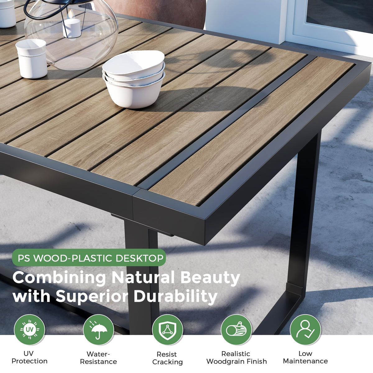 Jocoevol weather-resistant faux-wood table top adds natural outdoor style.