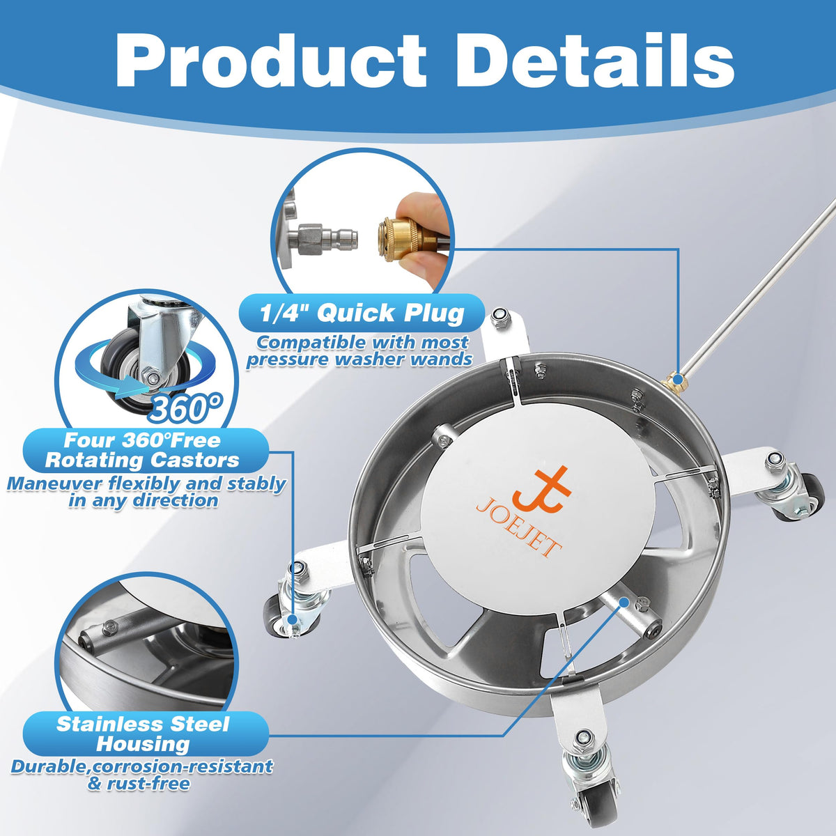 JOEJET stainless steel construction resists rust and corrosion for long-lasting use