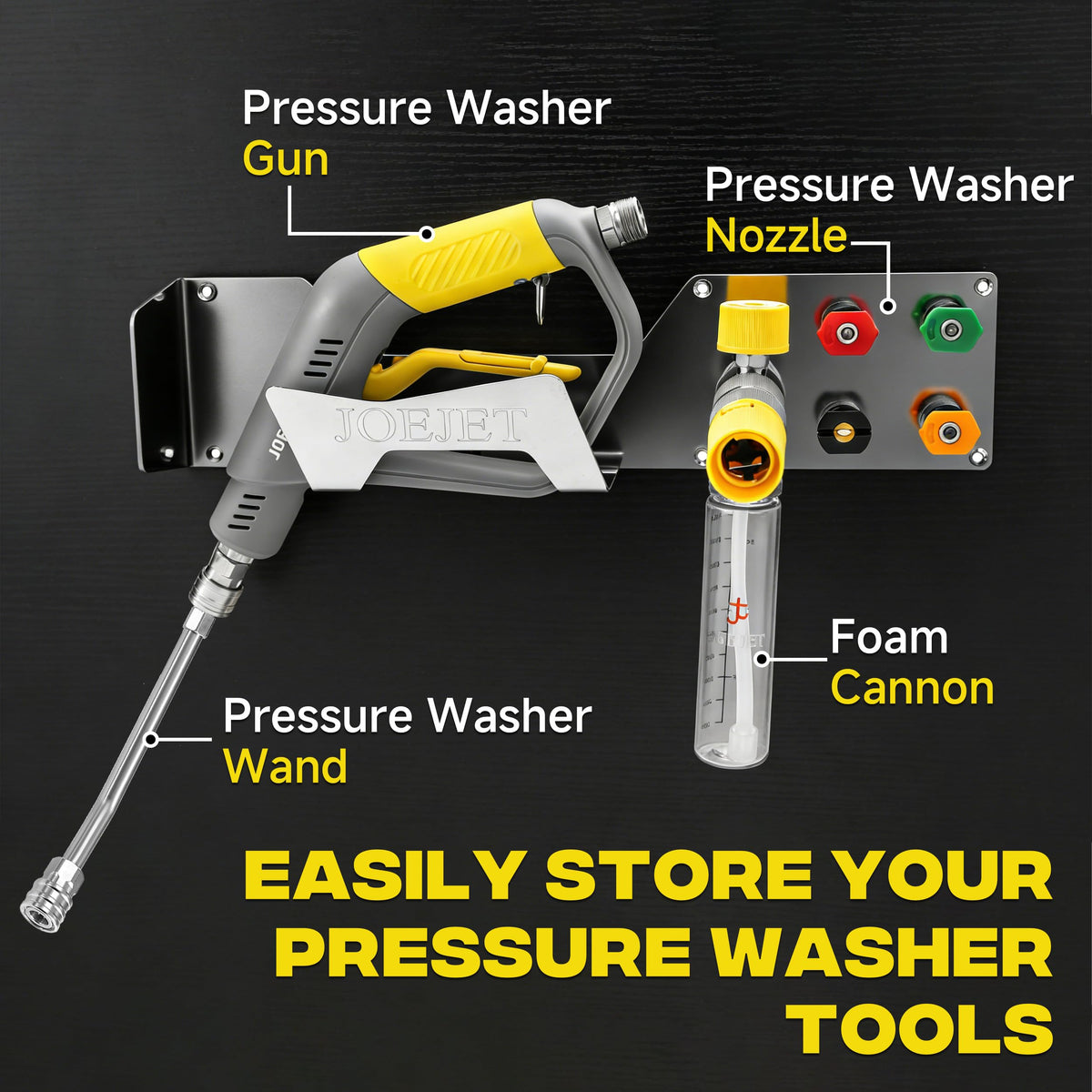 JOEJET nozzle tip organizer secures tips with rubber pads for quick access.