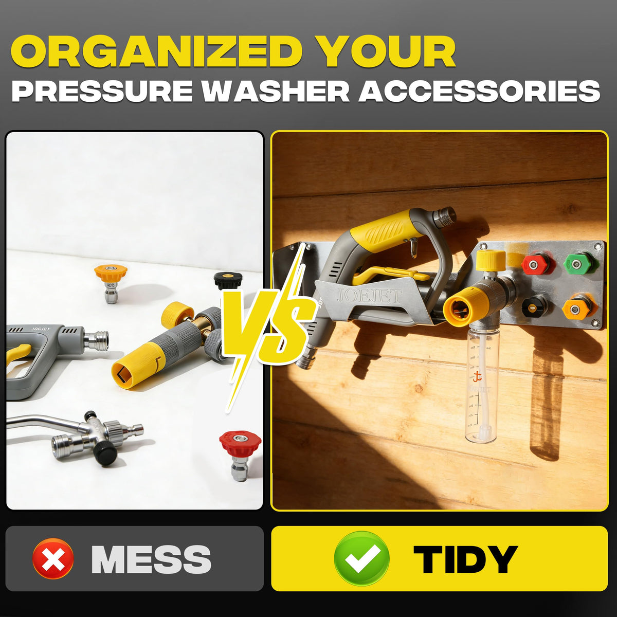 JOEJET wall mount storage keeps pressure-washer accessories organized and off the ground.