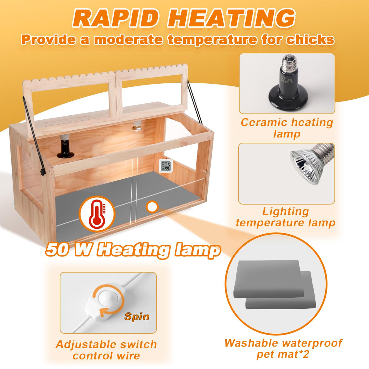 JOGEPEYO brooder box interior with heat lamp delivering even warmth for fragile chicks