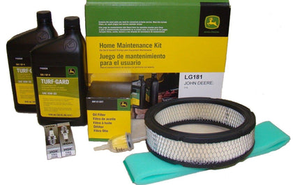 John Deere LG181 filter kit cover highlights sturdy packaging for organized home maintenance.
