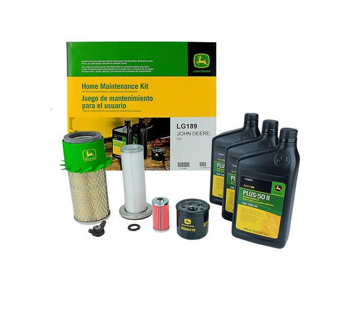 John Deere LG189 maintenance kit box front, ready for easy lawn equipment maintenance.