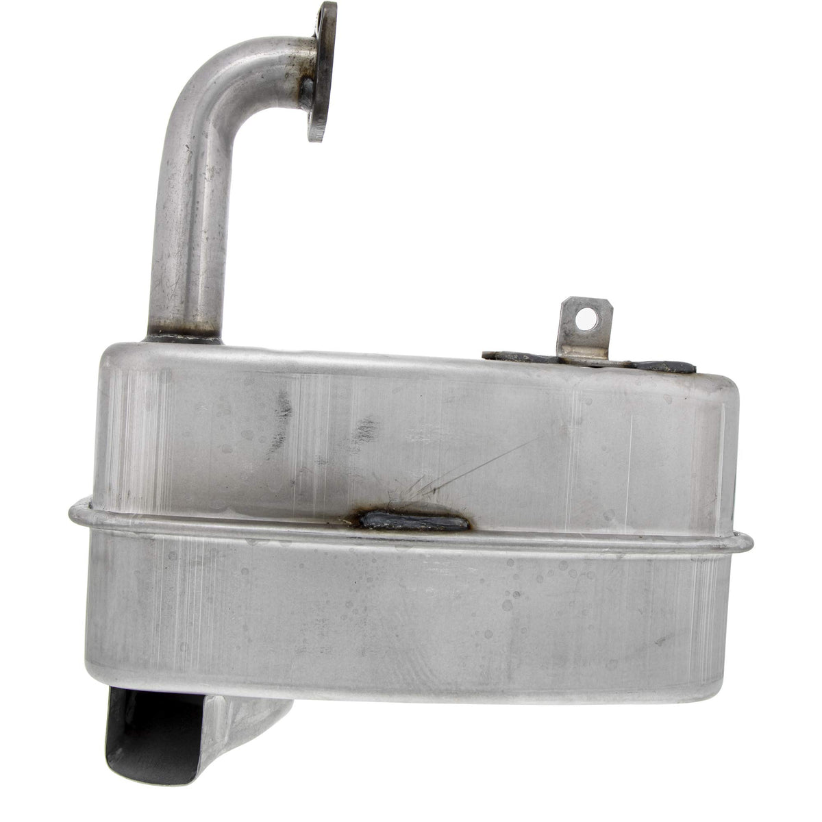 John Deere muffler GY22156 shows exhaust holes and tube layout for efficient dispersal.