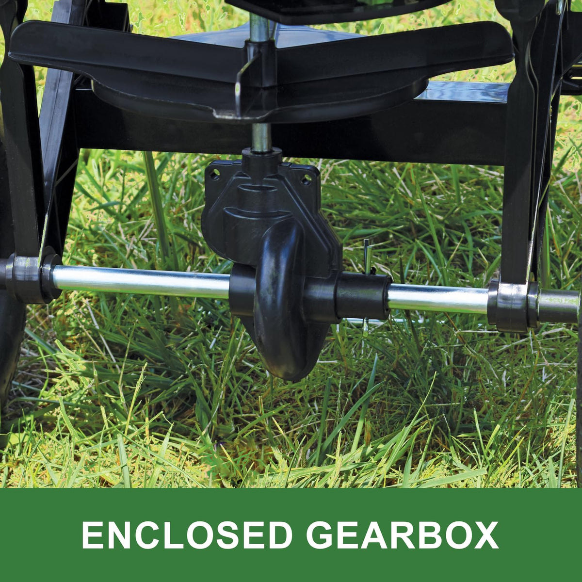 John Deere push handle spreader shows easy walk behind operation.