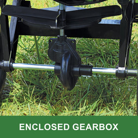 John Deere push handle spreader shows easy walk behind operation.