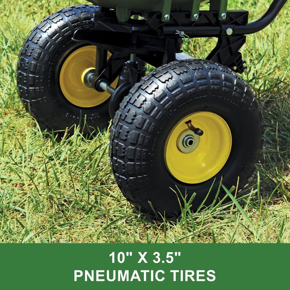 John Deere spreader wheels and tires provide stable traction during use.