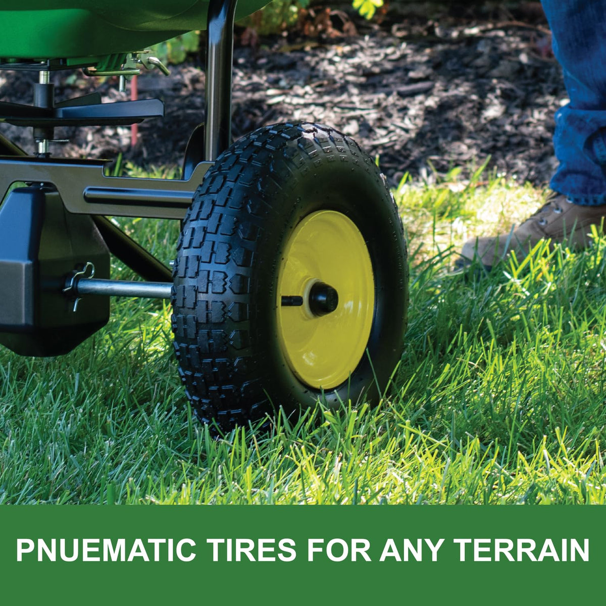John Deere turf-tread pneumatic tires improve lawn maneuverability
