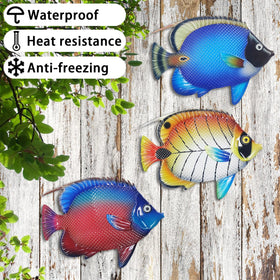 Three-piece fish wall display shown on a garden wall for yard ambiance.