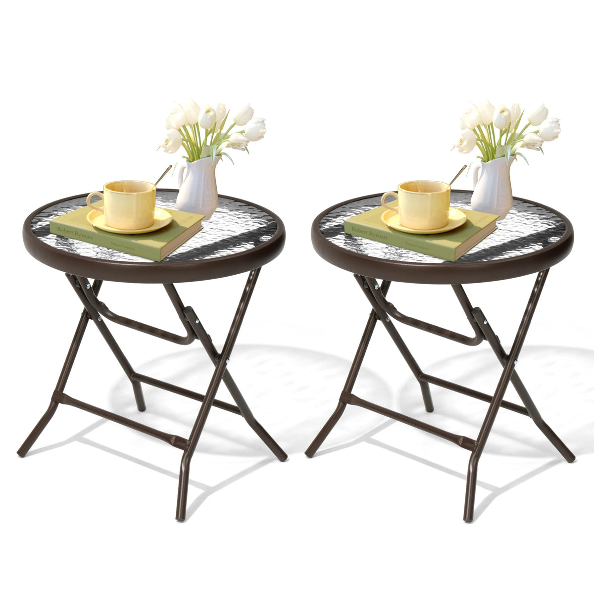 JOINHOM two-piece outdoor side table folding glass top brown, ideal for compact spaces