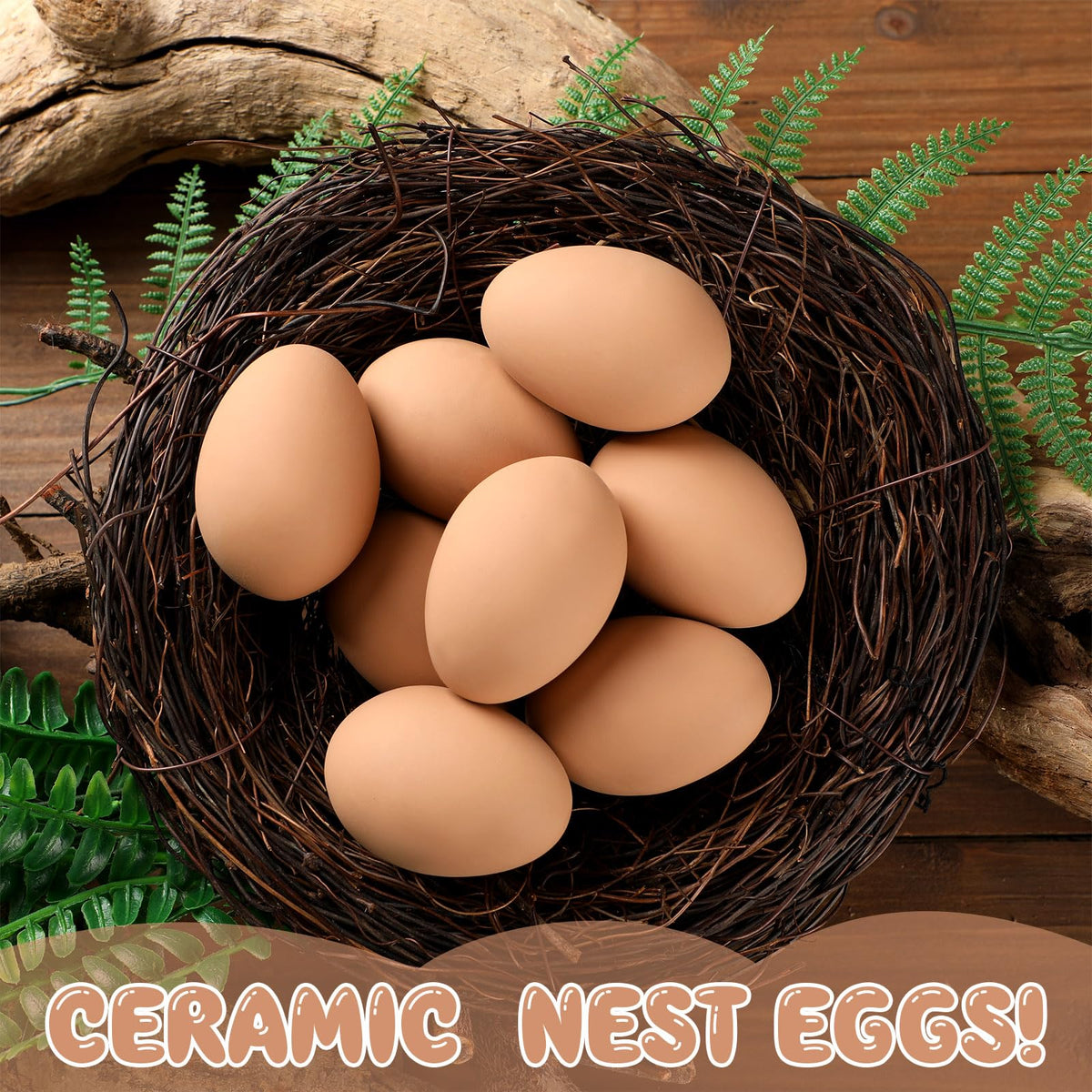 Durable ceramic eggs resist pecking and weather in coops.