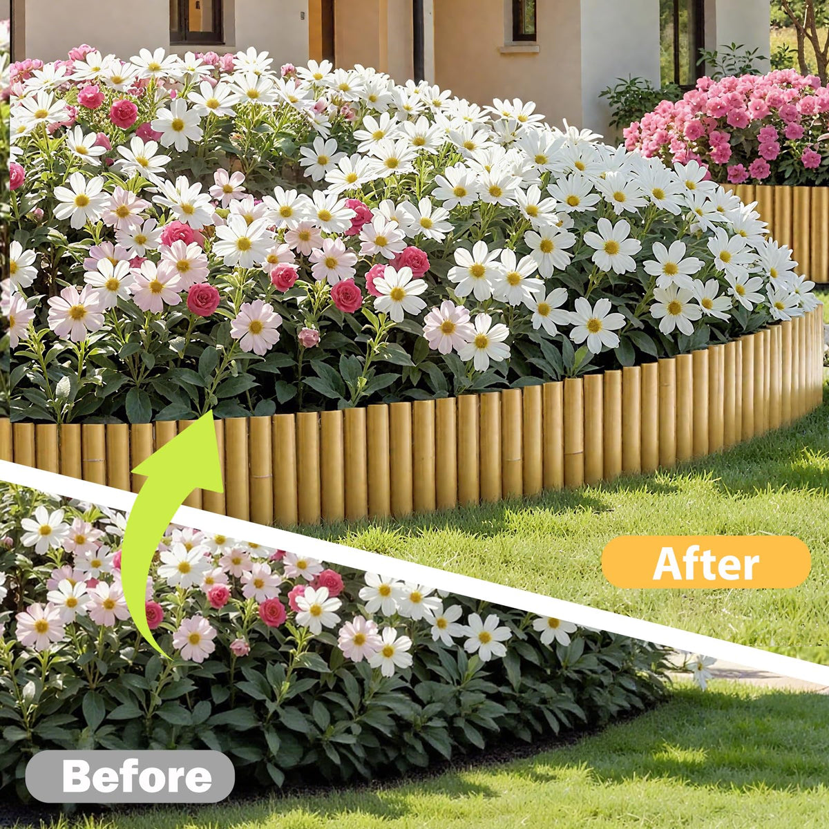 Jollybower bamboo edging accents garden borders beside flower beds.