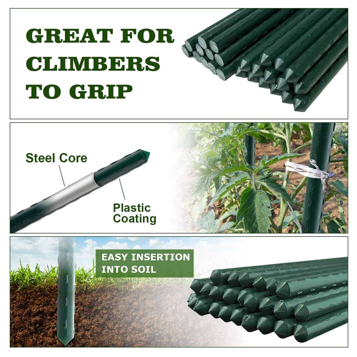 Jollybower plant stakes used as tomato trellis supports in a garden.