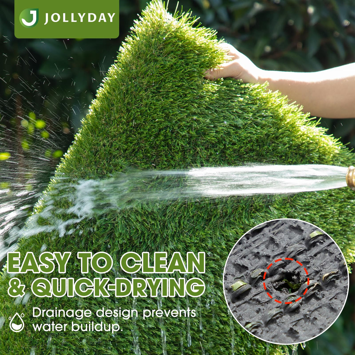 JOLLYDAY turf installed on balcony creates a tidy, splash-friendly outdoor spot.