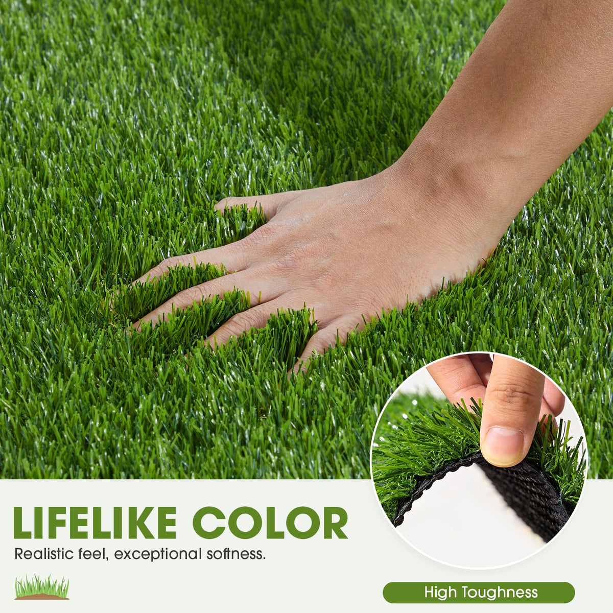 JOLLYDAY artificial turf close-up reveals natural thatch and vibrant color for year-round greenery.