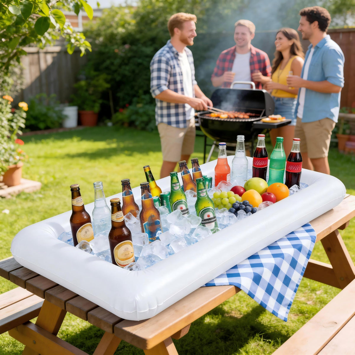 Jollylife 3-piece inflatable serving trays provide portable food display at outdoor events.