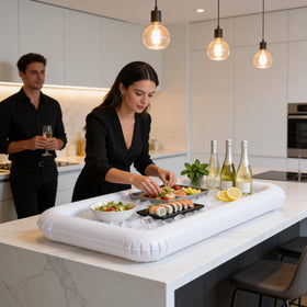 Jollylife lightweight, waterproof trays travel easily for indoor or outdoor events.
