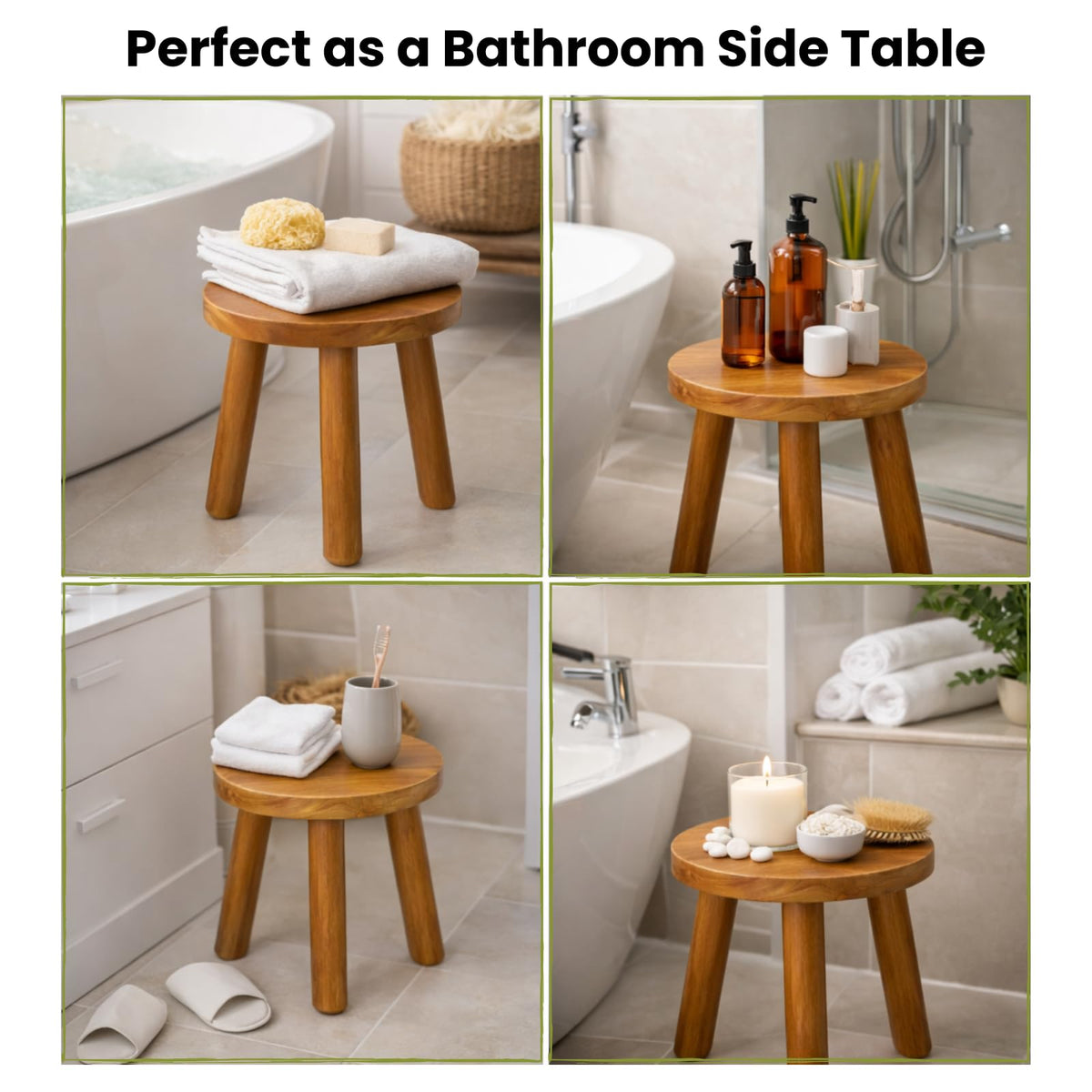 JOLLYMER teak stool adds warm decor to living rooms.