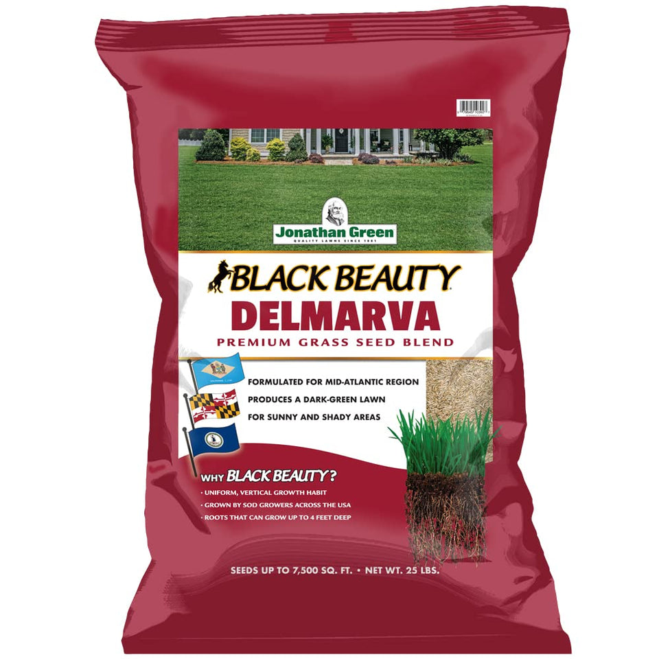 Jonathan Green Black Beauty Delmarva seed bag closeup for dense, dark-green lawns.