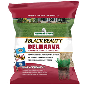 Jonathan Green Black Beauty Delmarva seed bag close-up showing premium tall fescue blend for dense lawns