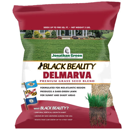 Jonathan Green Black Beauty Delmarva seed bag for a dense, dark-green lawn establishment.