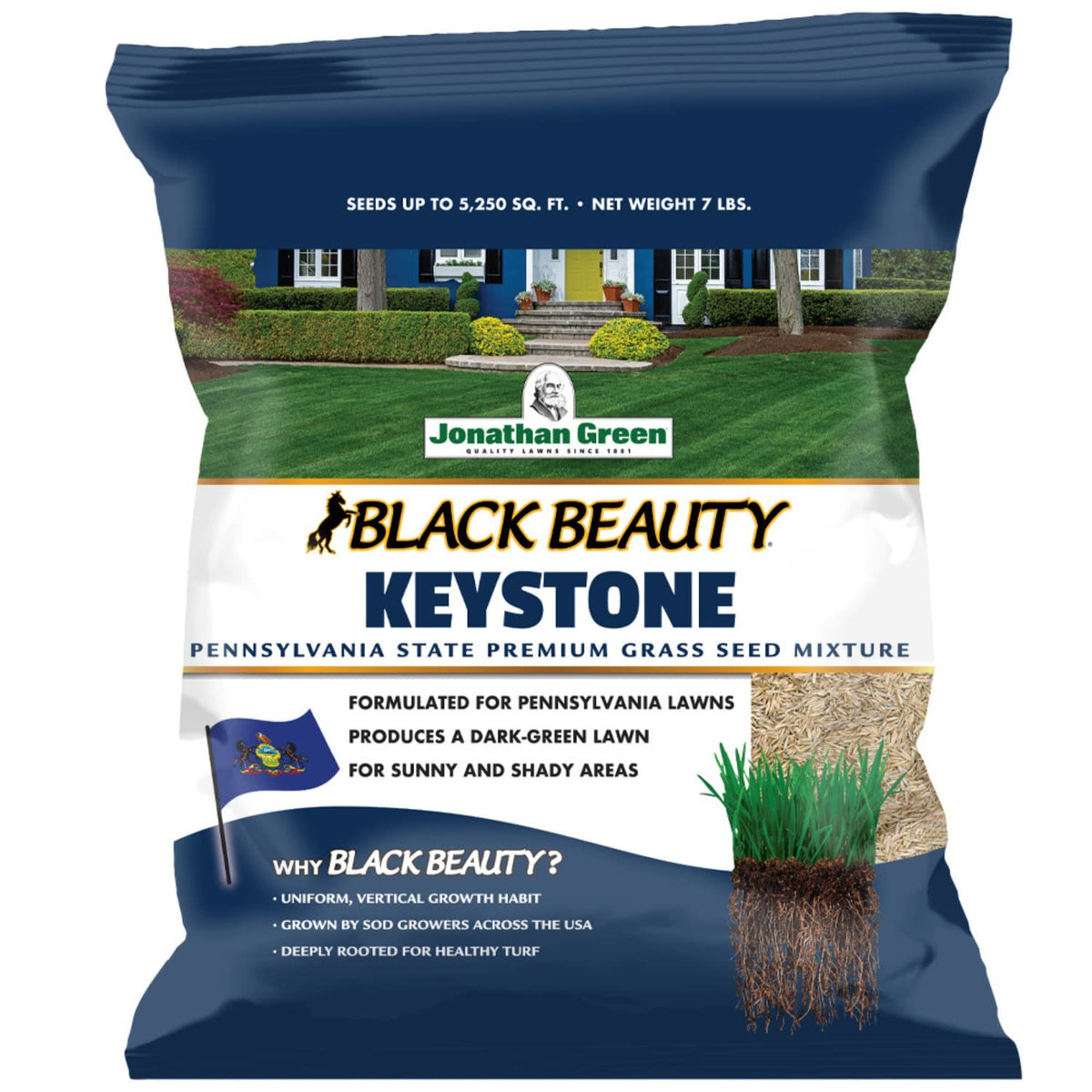 Jonathan Green Black Beauty Keystone PA seed bag front view for premium cool-season lawn.