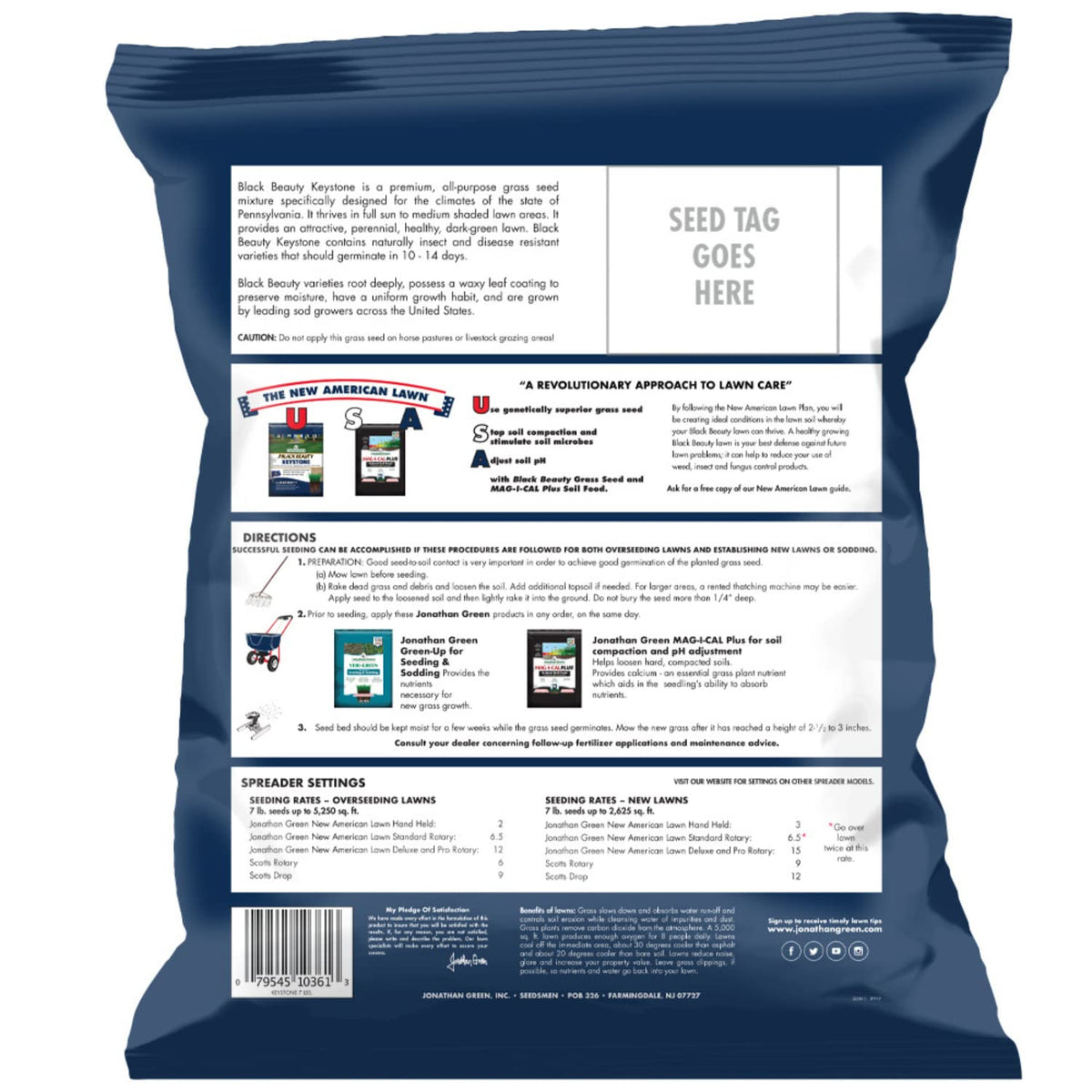 Jonathan Green seed bag label highlights Pennsylvania-ready mix for dense, dark-green turf.