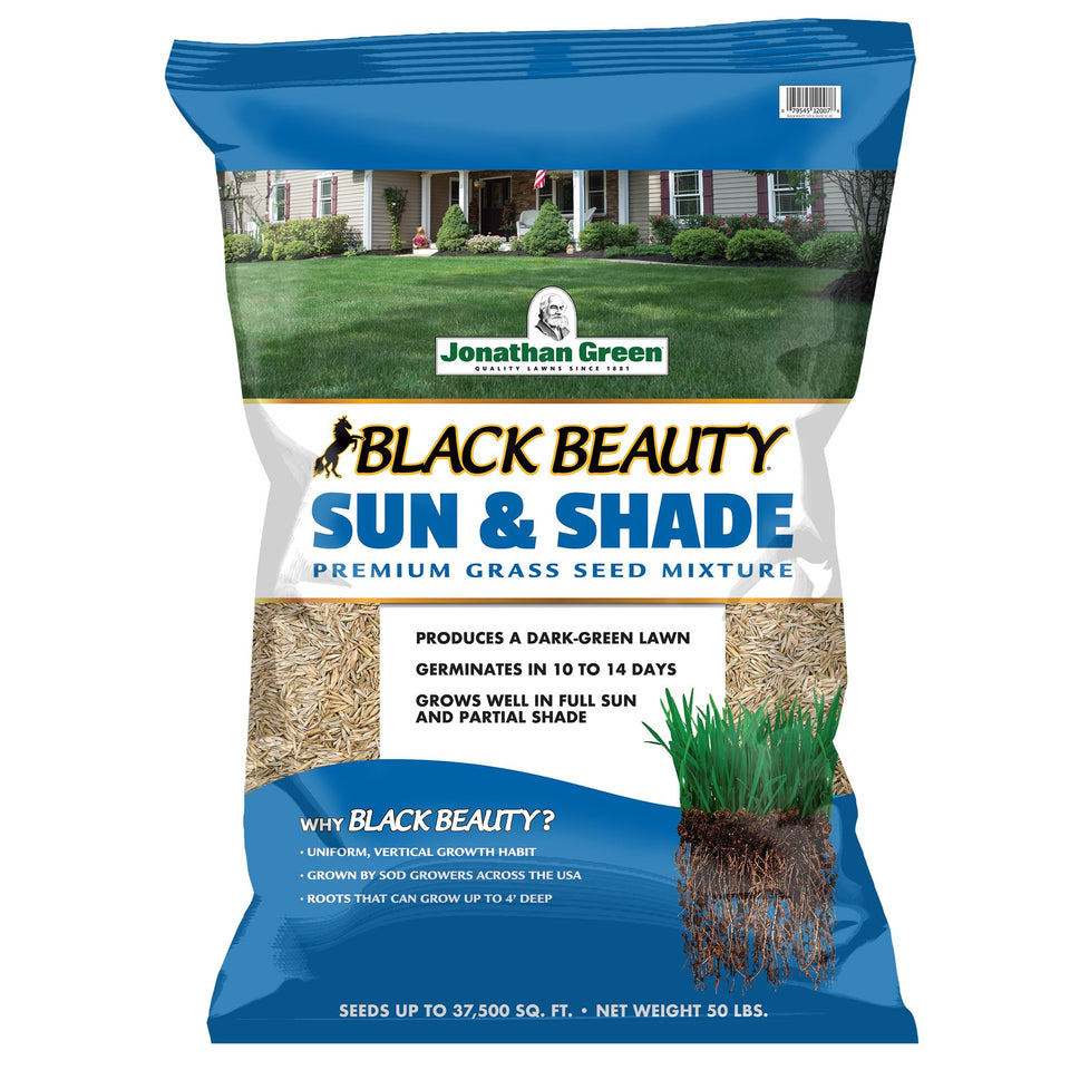 Jonathan Green Black Beauty Sun & Shade seed bag front view showing full-season lawn solution.